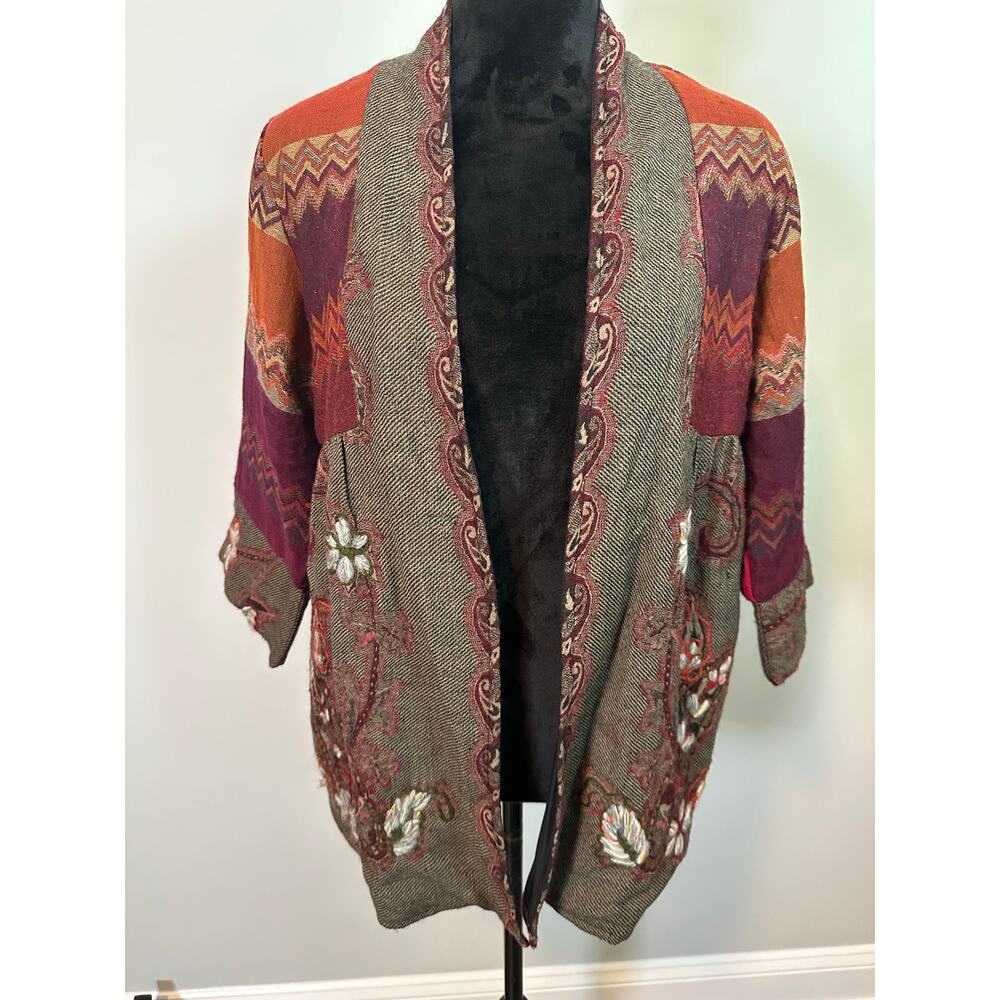 Soft Surroundings Izmir Wool Embroidered Jacket Cardigan Boho Patchwork P Med - Picture 2 of 12